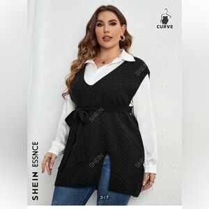 SHEIN Essnce Plus Split Hem Belted Sweater Vest women’s 3XL or 18 in grey.